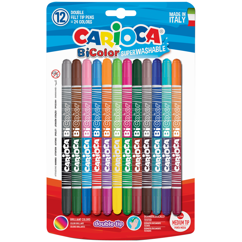 Фломастеры двусторонние Carioca "Bi-Color", 24цв., 12шт., двуцветные, смываемые, блистер, европодвес