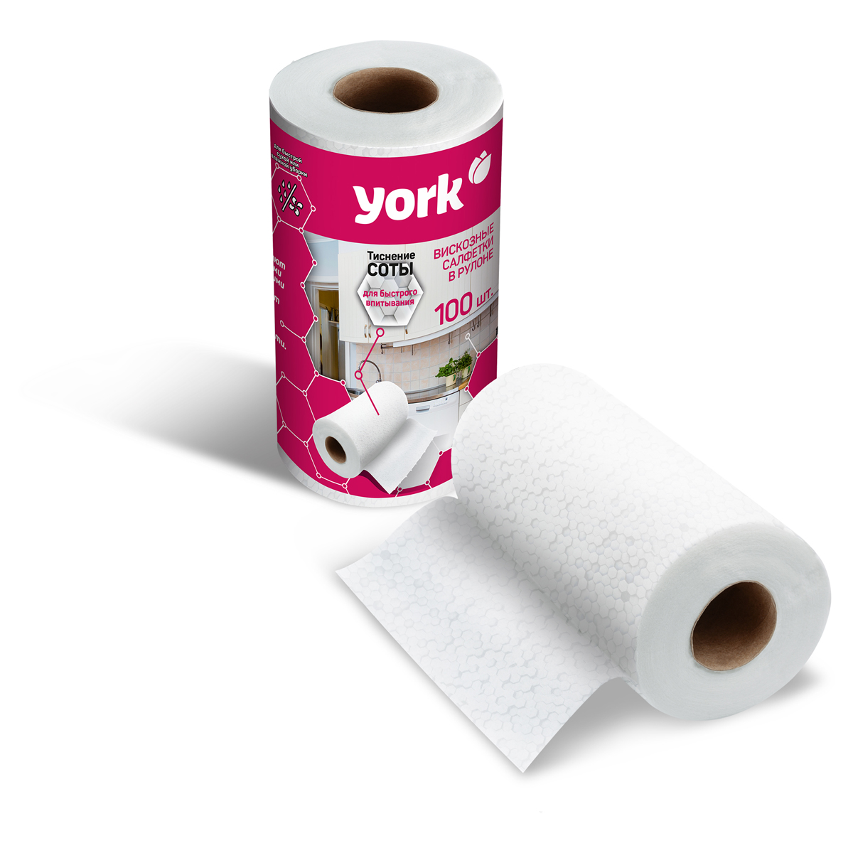 Салфетки  универсальные York "Соты", 22,5*25 см, 100шт, в рулоне, 40 г/м2,30% вискоза, 70% полиэфир