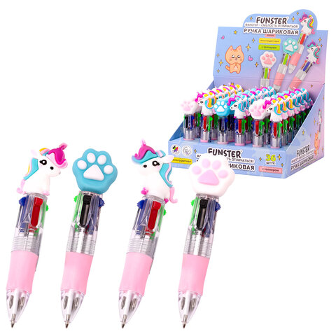 Ручка мини многоцветная с топпером шариковая автоматическая 4 ЦВЕТА FUNSTER "MIX", ассорти, пишущий узел 0,7 мм, линия письма 0,35, 144378