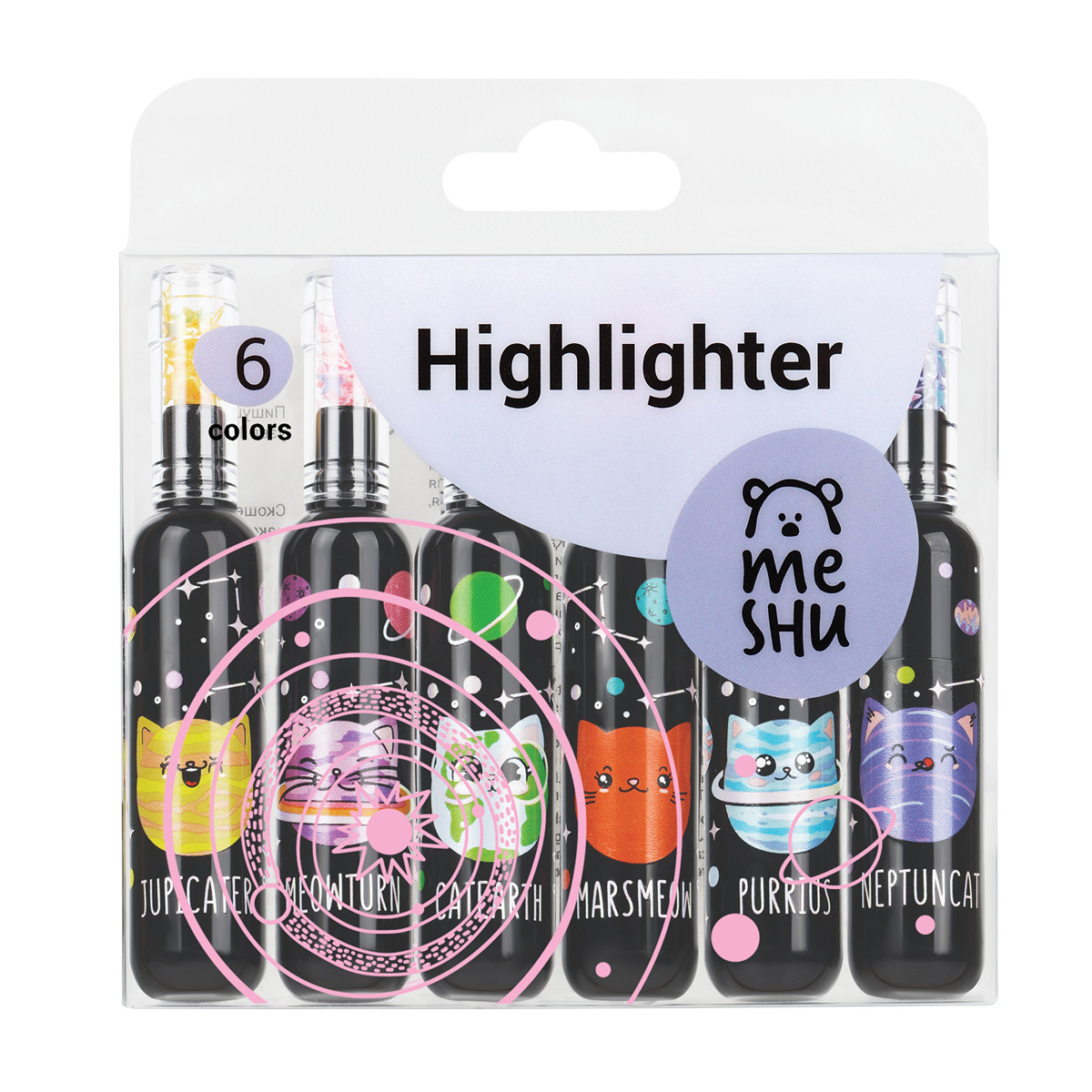 Набор текстовыделителей MESHU "Meowspace", 6цв., неоновые цвета, 1-5  мм, ПВХ бокс с европодвесом