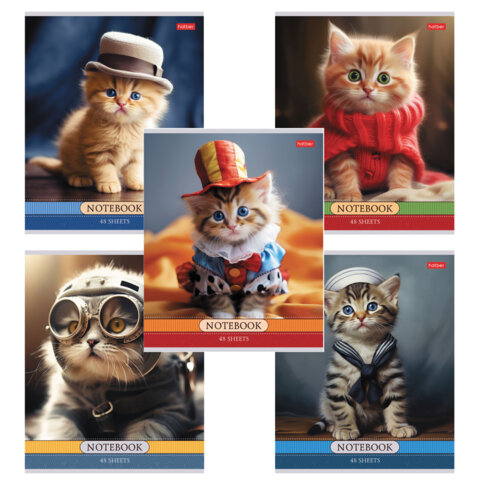 Тетрадь А5 48л. HATBER скоба, клетка, обложка картон, Котики-артисты (микс в спайке), 085664, 48Т5В1