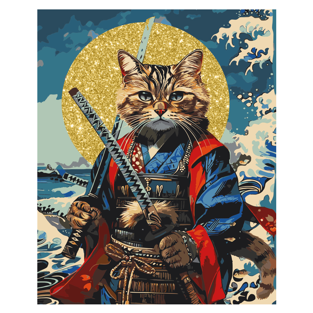 Картина по номерам на холсте с глиттером ТРИ СОВЫ "Кот-самурай", 40*50, с акриловыми красками и кистями