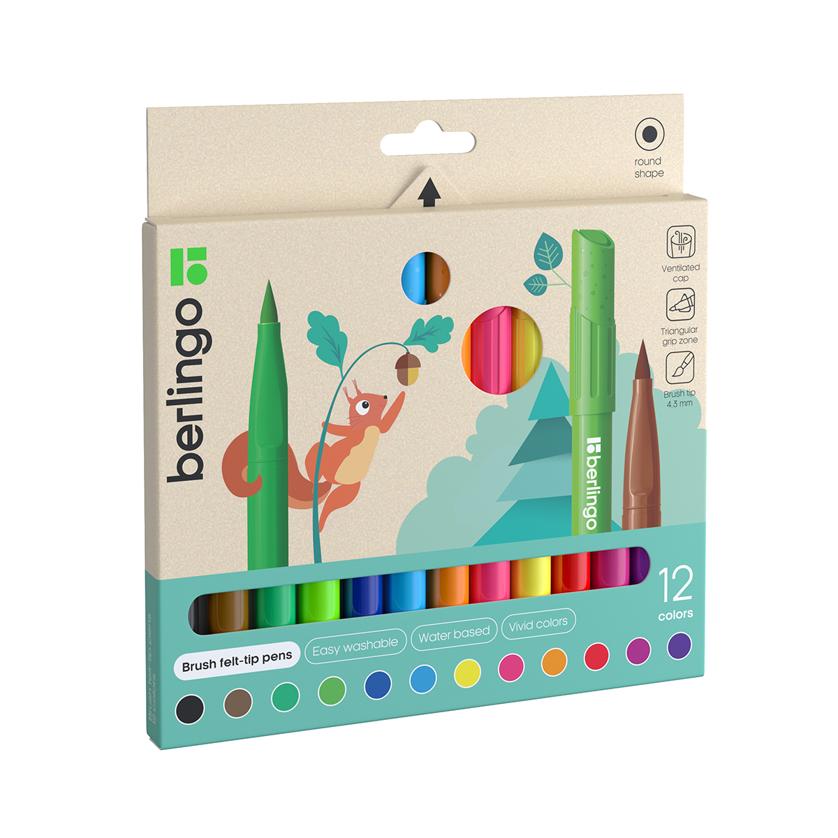 Фломастеры с кистевым пишущим узлом Berlingo "Brush", 12цв., смываемые, картон, европодвес