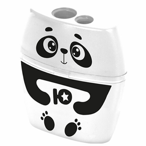 Точилка с контейнером для простых и утолщенных карандашей ЮНЛАНДИЯ "ПАНДА", 2 отверстия, 272507