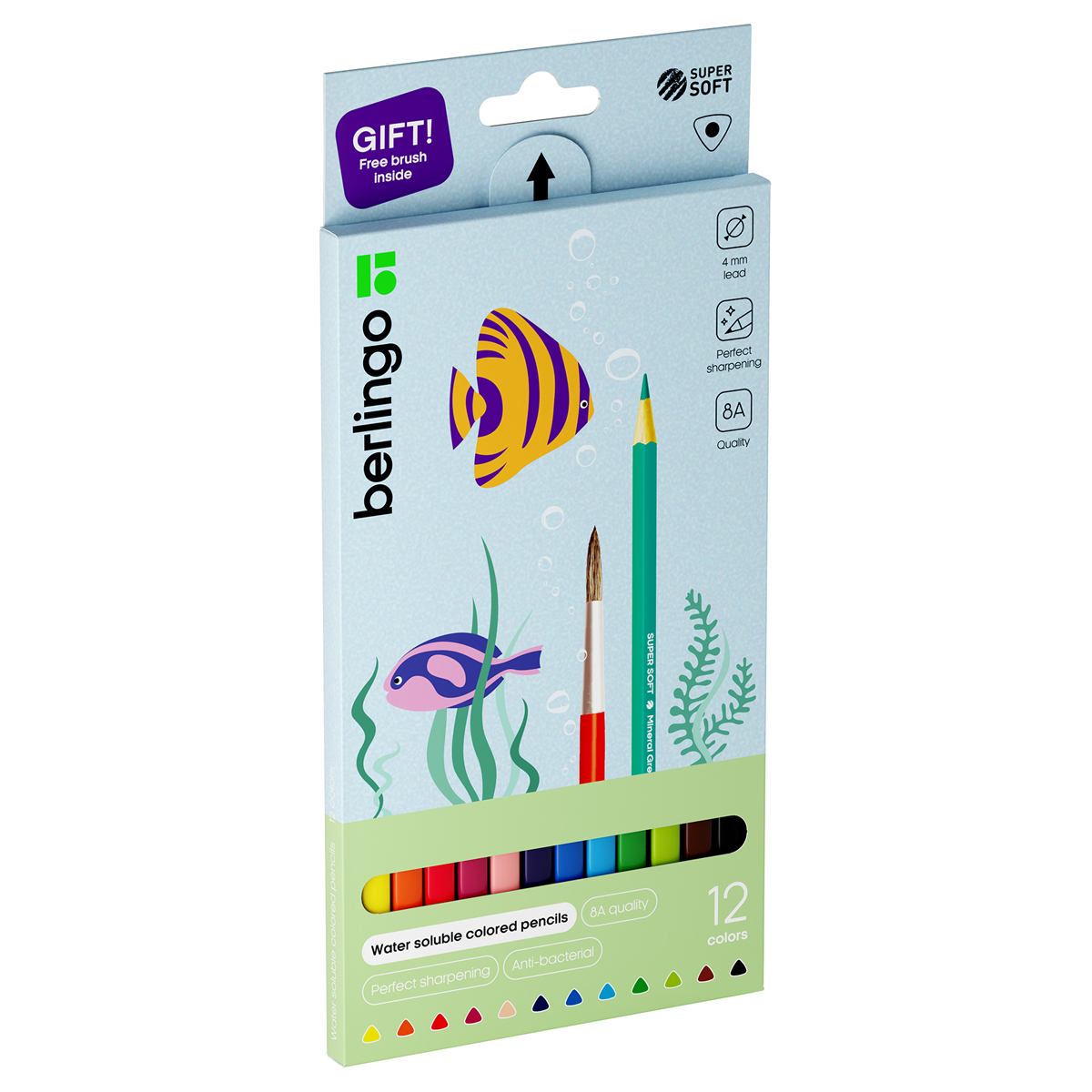 УЦЕНКА - Карандаши акварельные Berlingo "SuperSoft. Рыбки", 12цв.+кисть, трехгран., заточен., картон, европодвес