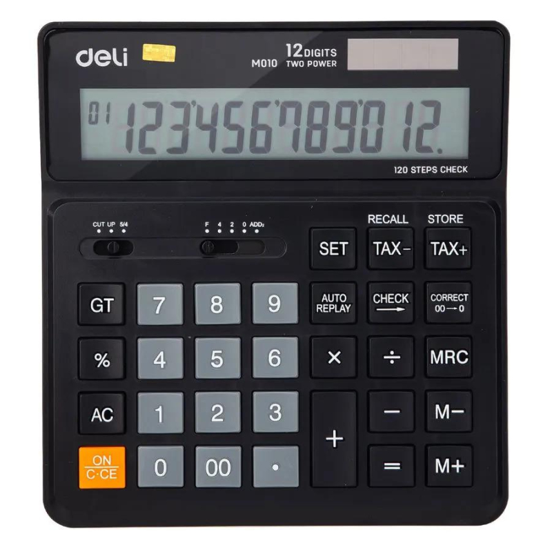 Калькулятор бухгалтерский Deli EM01020 черный 12-разр.Функция вычисл.налога