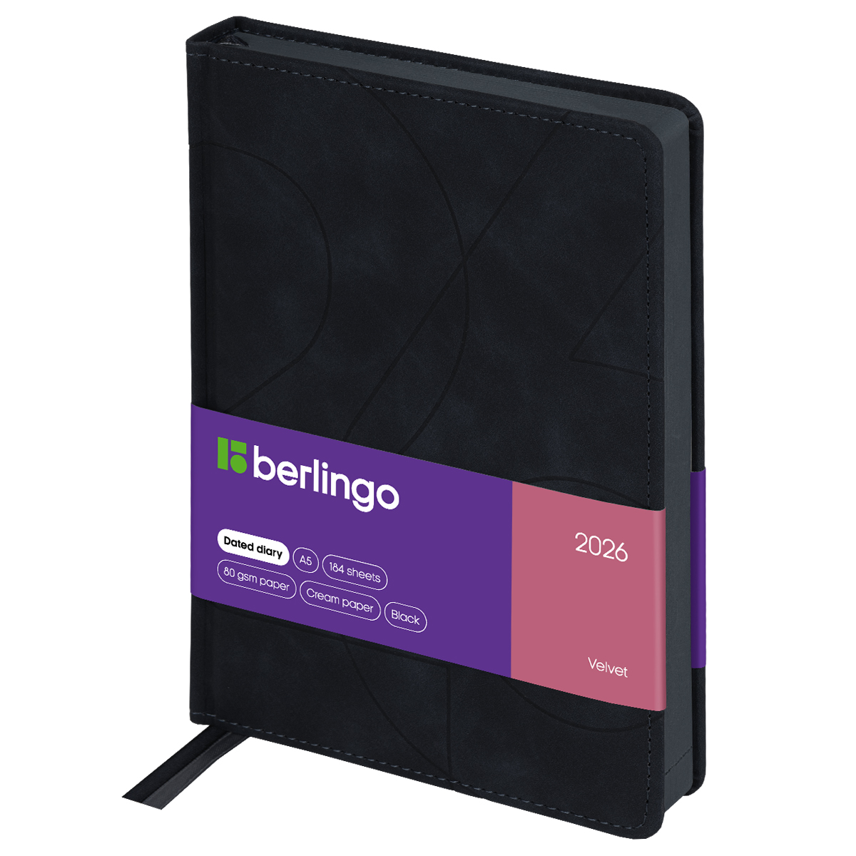 Ежедневник датированный 2026г., А5, 184л., кожзам, Berlingo "Velvet", цветной срез, черный
