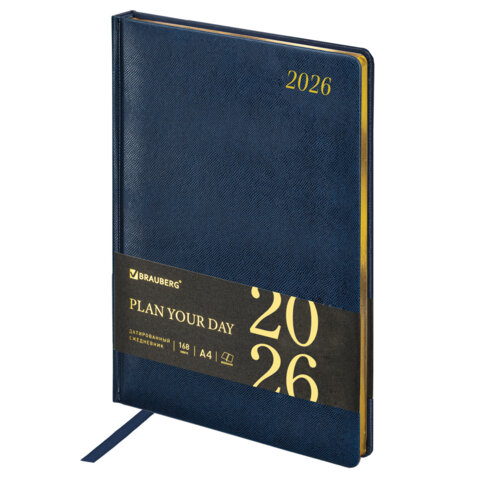 Ежедневник датированный 2026 БОЛЬШОЙ ФОРМАТ 210х297 мм, А4, BRAUBERG "Iguana", под кожу, синий, 117245