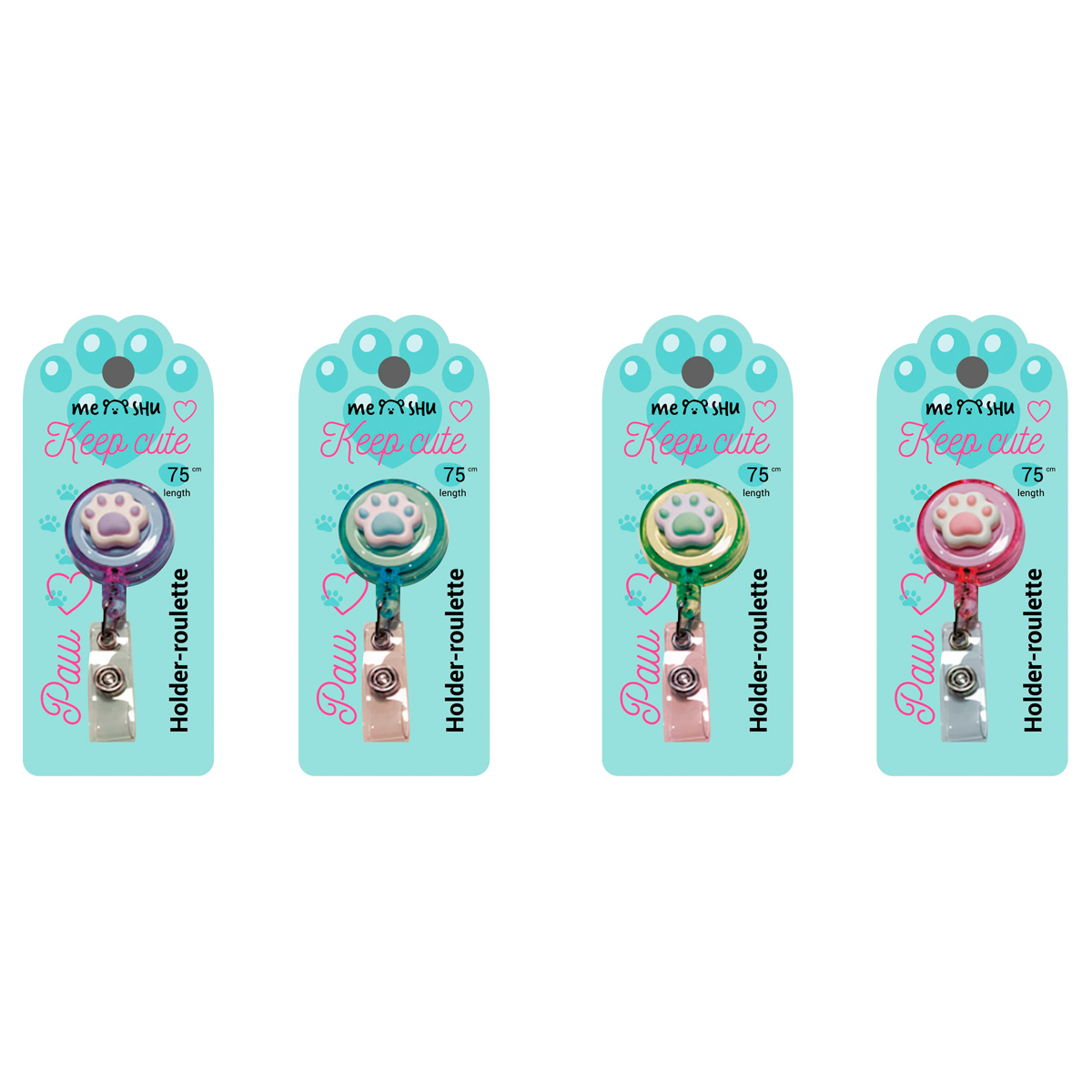 Держатель-рулетка для бейджей MESHU с топпером "Paw", 75см, петелька, клип, ассорти, блистер