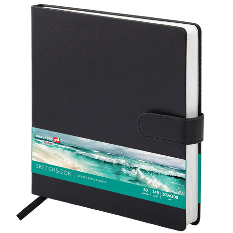 Скетчбук, белая бумага 140 г/м2 200х200 мм, 80 л., КОЖЗАМ, застежка, BRAUBERG ART CLASSIC, черный, 116463