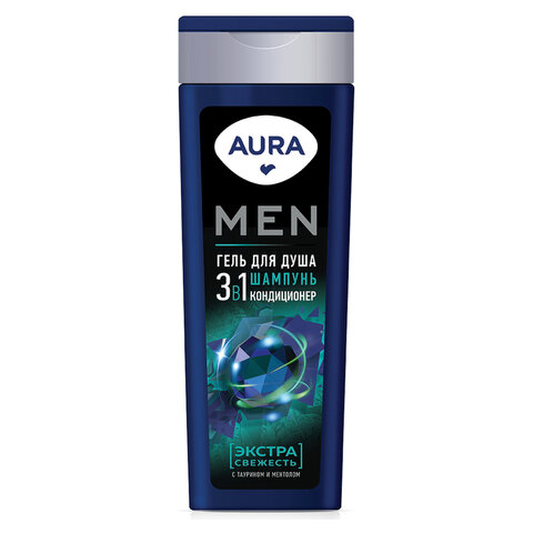 Гель для душа 3 в 1, шампунь + кондиционер 380 мл, AURA MEN "Экстра Свежесть", 13919