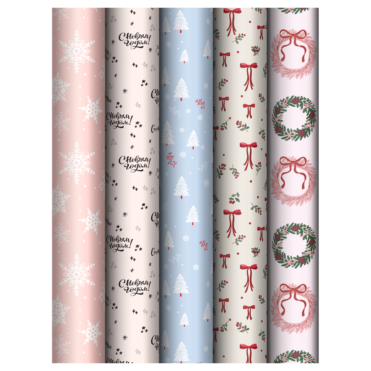 Упаковочная бумага глянц. 70*100см, MESHU "Christmas wreath", 80г/м2, ассорти 5 дизайнов