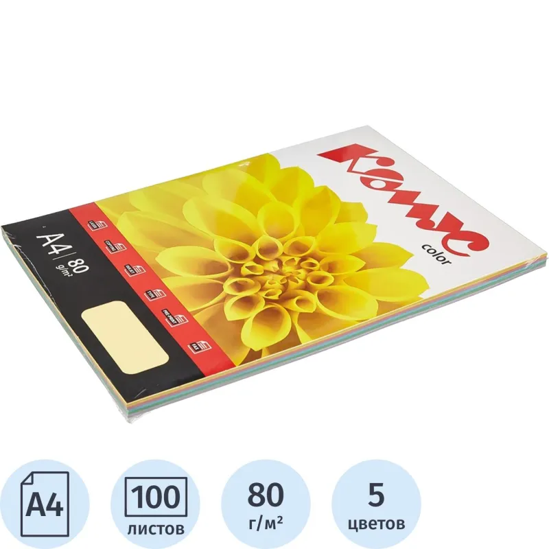 Бумага цветная Комус Color (микс пастель 5цв:ж,р,о,з,л),80г,А4,100 л