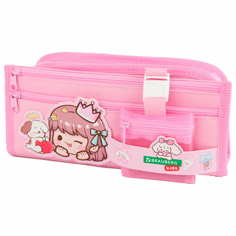 Пенал мягкий BRAUBERG KIDS, 3 отделения, кармашек на карабине, полиэстер, "Sweet friends", 22х10х7 см, 273558