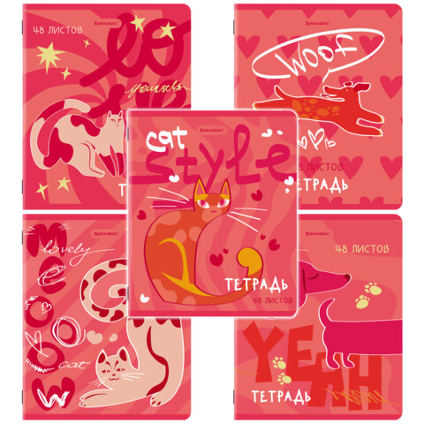 Тетради ДЭК А5 48 л. КОМПЛЕКТ 5 шт. BRAUBERG, скоба, клетка, TWIN-лак, "PINK MOOD", 404930