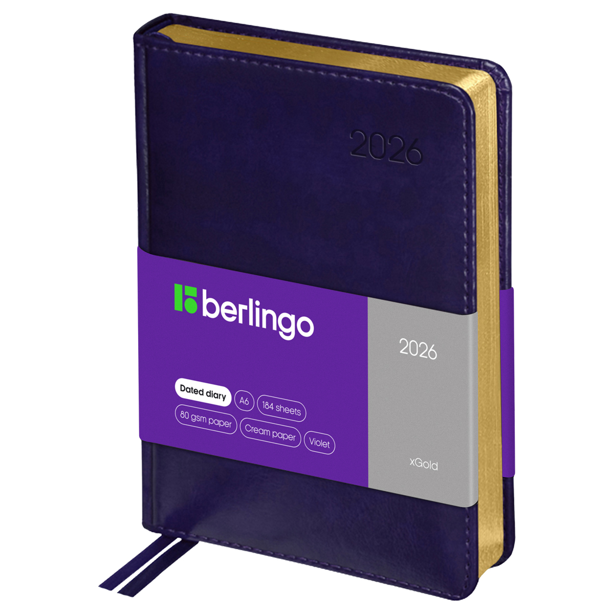 Ежедневник датированный 2026г., А6, 184л., кожзам, Berlingo "xGold", зол. срез, фиолетовый