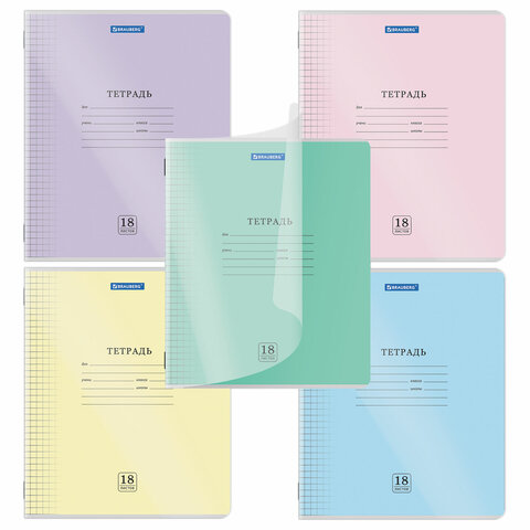 Тетрадь обложка пластик (прозрачный) 18 л., клетка, BRAUBERG "Smart Cover", АССОРТИ (в спайке), 405030