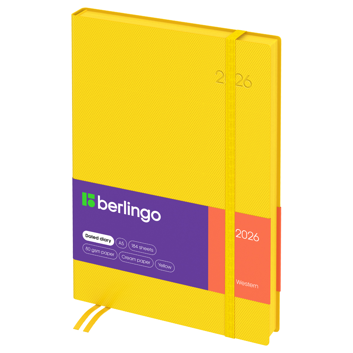 Ежедневник датированный 2026г., А5, 184л., кожзам, Berlingo "Western", желтый, с резинкой