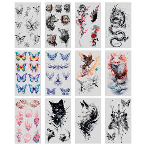 Наклейки-тату переводные "Цветные", 20,5х10 см, ассорти 12 видов, FUNSTER (ФАНСТЕР), 666105