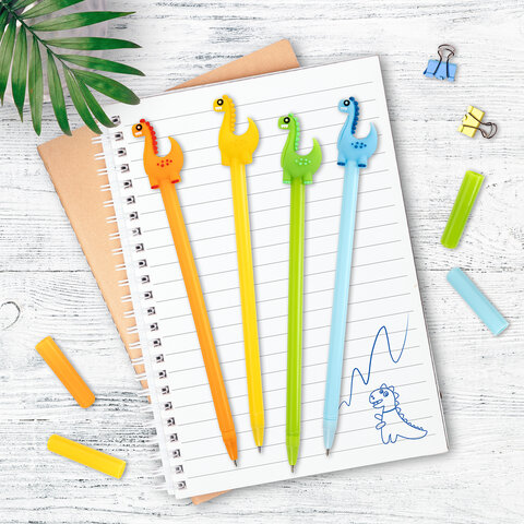 Ручка с топпером шариковая масляная ЮНЛАНДИЯ "Динозаврик", корпус ассорти, СИНЯЯ, пишущий узел 0,7 мм, 143809