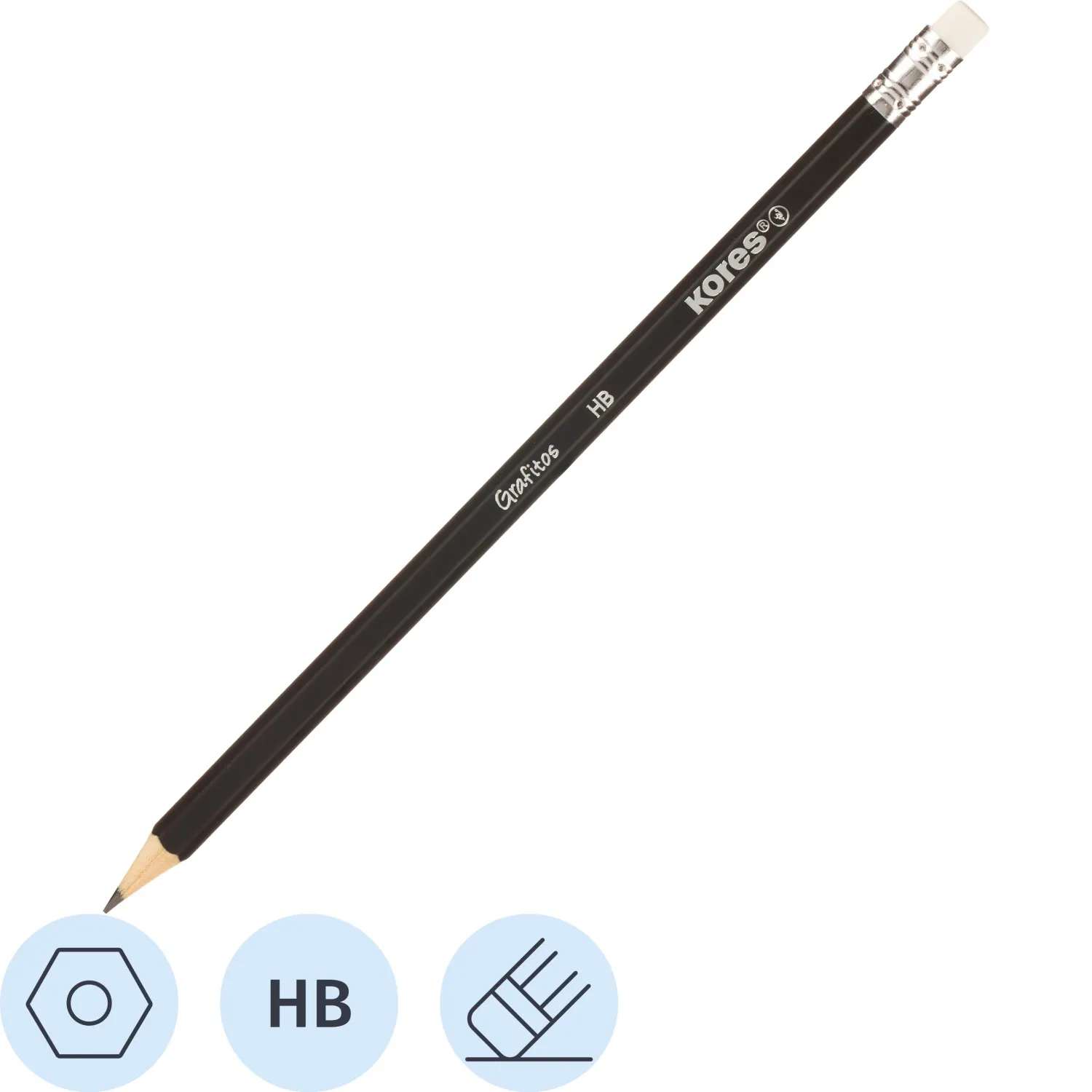 Карандаш чернографитный Kores шестигранный HB с ластиком