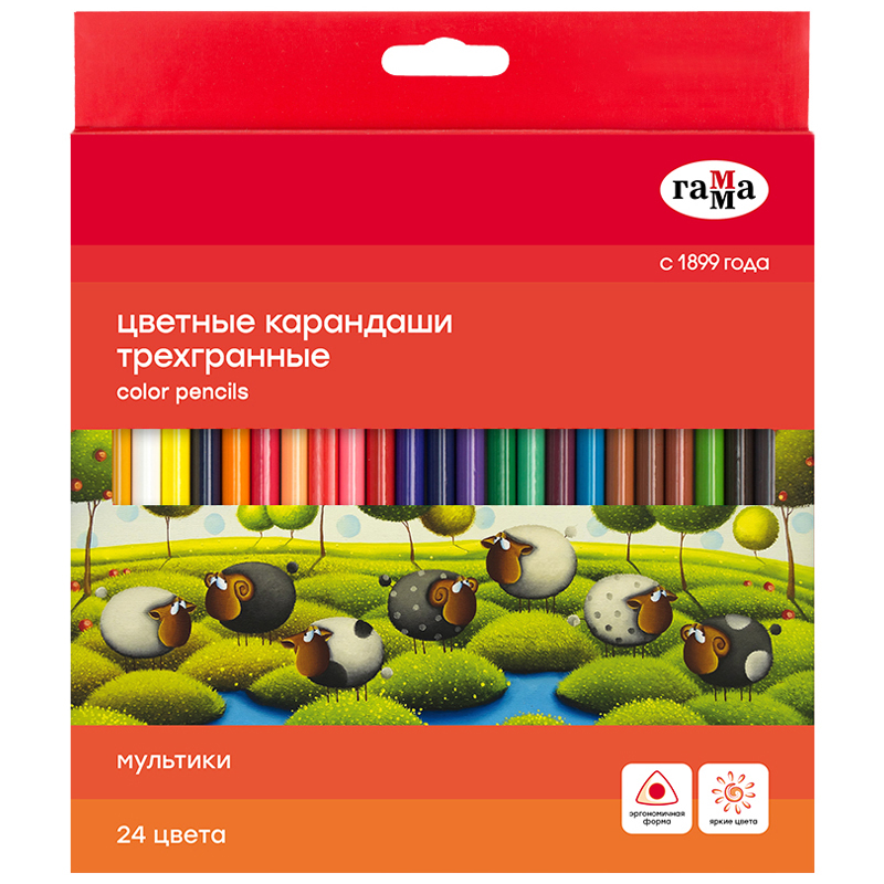Карандаши цветные Гамма "Мультики", 24цв., трехгранные, заточен., картон. упак., европодвес