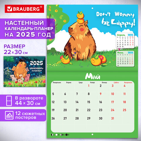 Календарь-планер настенный перекидной на 2025г, 12 листов, 30х22см, "Капибары", BRAUBERG, 116175