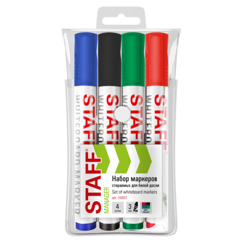 Маркеры стираемые для белой доски, НАБОР 4 ЦВЕТА, STAFF "MANAGER" WBM-300, 3 мм, с клипом, 152637