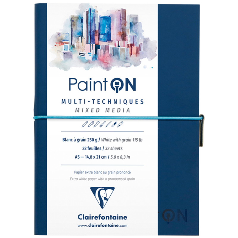 Скетчбук для смешанных техник 32л., А5 Clairefontaine "Paint ON", на сшивке, 250г/м2, легкое зерно, резинка, кожзам