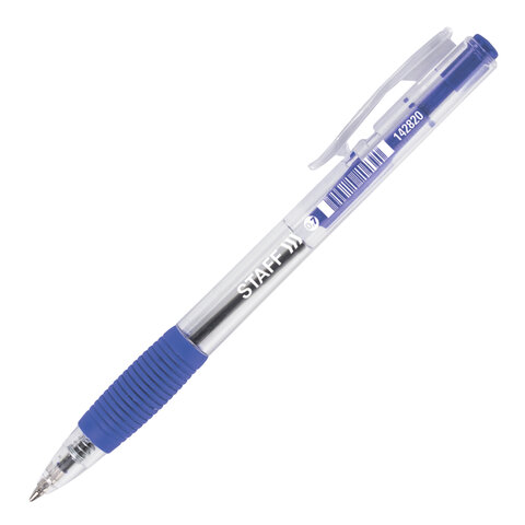 Ручка шариковая автоматическая с грипом STAFF "Basic", СИНЯЯ, корпус прозрачный, 0,7 мм, линия письма 0,35 мм, 142820