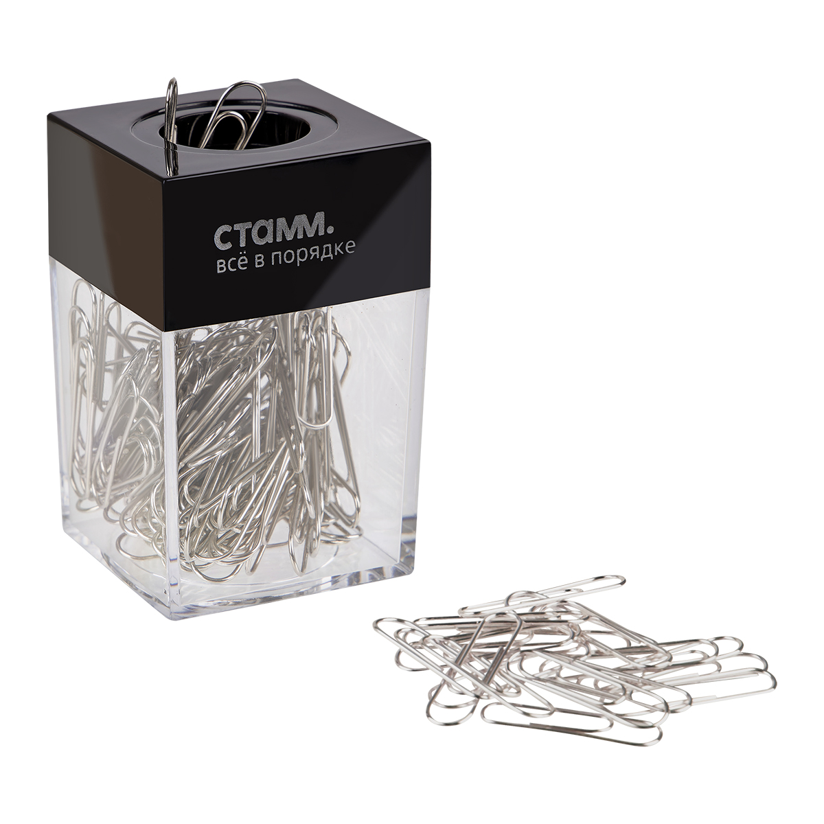 Скрепочница магнитная СТАММ, 100 никелированных скрепок, прозрачный корпус, картонная коробка