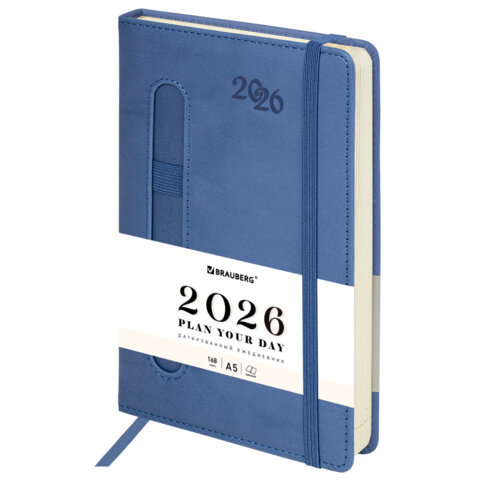 Ежедневник датированный 2026, А5, 138x213 мм, BRAUBERG "Optimal", под кожу, резинка, держатель для ручки, синий, 117464