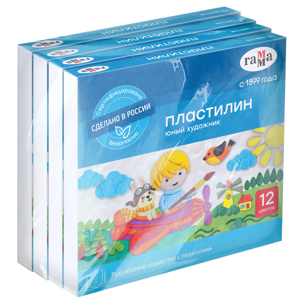 Пластилин Гамма "Юный художник",синий, 12 цветов, 168г, со стеком, картон. упак. (4шт.) т/у