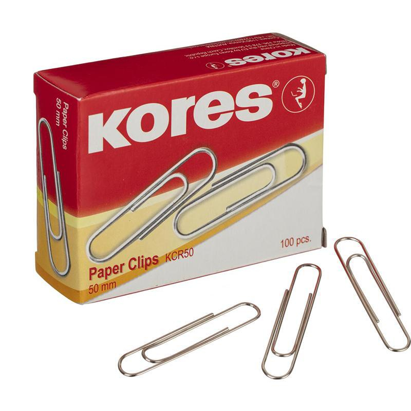 Скрепки KORES с отгибом, 50 мм никелированные, 100 шт.в карт.уп