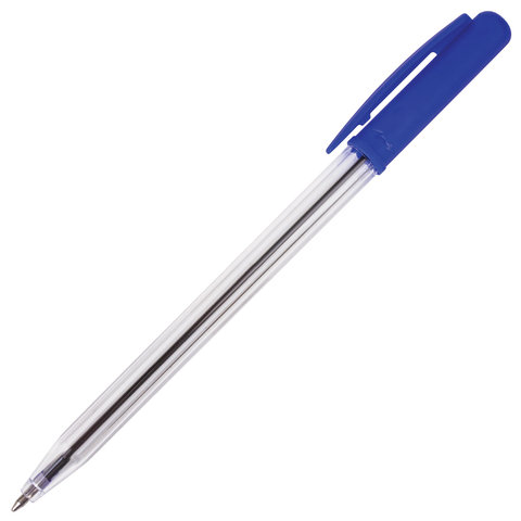 Ручка шариковая автоматическая STAFF "Basic", СИНЯЯ, корпус прозрачный, узел 0,8 мм, линия письма 0,4 мм, 141673