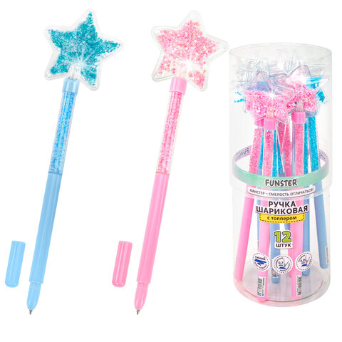 Ручка с топпером с блестками шариковая FUNSTER "MAGIC STAR", СИНЯЯ, ассорти, пишущий узел 0,7 мм, линия письма 0,35 мм, 144379