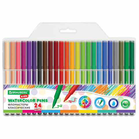 Фломастеры BRAUBERG KIDS КЛАССИЧЕСКИЕ 24 цвета, вентилируемый колпачок, ПВХ-упаковка, 152602