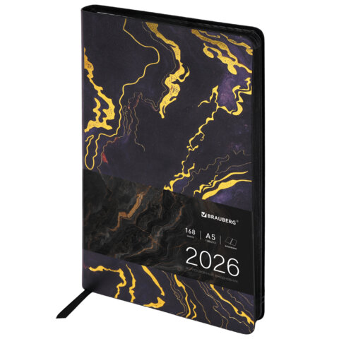Ежедневник датированный 2026 А5 138x213 мм, BRAUBERG "Vista", под кожу, гибкий, "Black marble", 117445