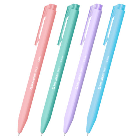 Ручка шариковая автоматическая BRAUBERG "TRIOS PASTEL COLOR", СИНЯЯ, корпус ассорти, пишущий узел 0,5 мм, линия письма 0,3 мм, 144496