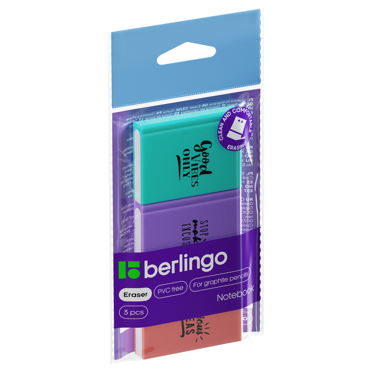 УЦЕНКА - Ластик Berlingo "Notebook", 3шт., термопластичная резина, 48*34*8мм, пакет с европодвесом