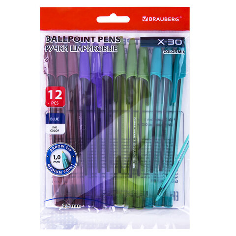 Ручки шариковые BRAUBERG X-30 COLOR MIX, КОМПЛЕКТ 12 ШТ., СИНИЕ, пишущий узел 1 мм, линия письма 0,5 мм, 144336