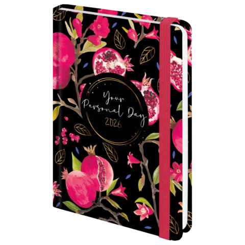 Ежедневник датированный 2026 с резинкой 145х203 мм, А5, BRAUBERG, твердый, фольга, "Гранаты", 117333