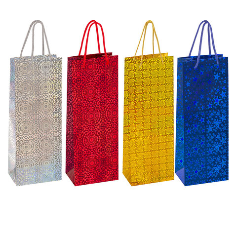 Пакет подарочный для бутылки 13x9x36 см (B), НАБОР 8 шт., 4 дизайна, голография, ЗОЛОТАЯ СКАЗКА, 609735