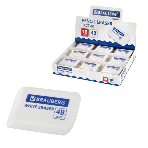 Ластик BRAUBERG "WHITE", 45х28х12 мм, скошенный, белый, 272734