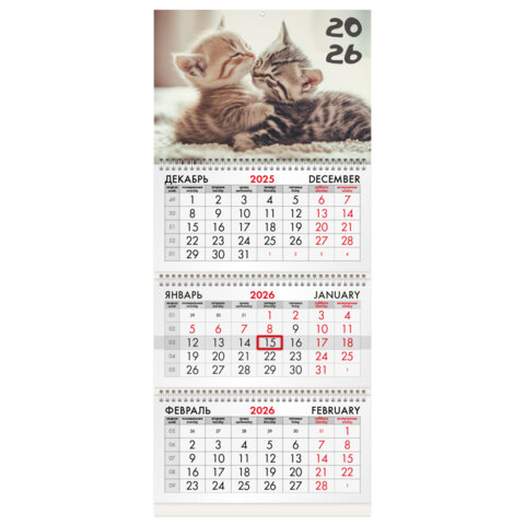 Календарь квартальный на 2026 г., 3 блока, 3 гребня, бегунок, офсет, BRAUBERG, "Милые котята", 116770