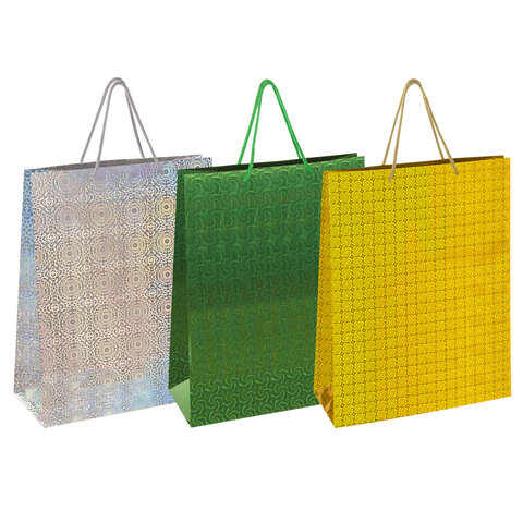 Пакет подарочный 33x13x45 см (XL), НАБОР 3 шт., 3 дизайна, голография, ЗОЛОТАЯ СКАЗКА, 609737