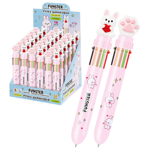 Ручка многоцветная с топпером шариковая автоматическая 10 ЦВЕТОВ FUNSTER "WOW", ассорти, пишущий узел 0,7 мм, линия письма 0,35 мм, 144382