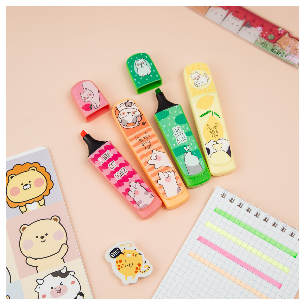 Набор текстовыделителей MESHU "Cat s paw", 04цв., неоновые цвета, 1-5мм, ПВХ бокс с европодвесом