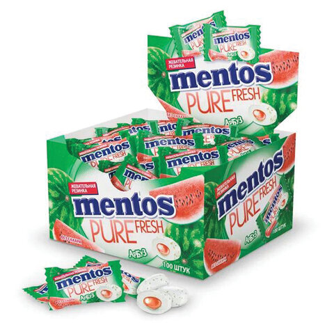 Жевательная резинка MENTOS (Ментос) "Pure White" со вкусом арбуза, 100 мини-упаковок по 2 г