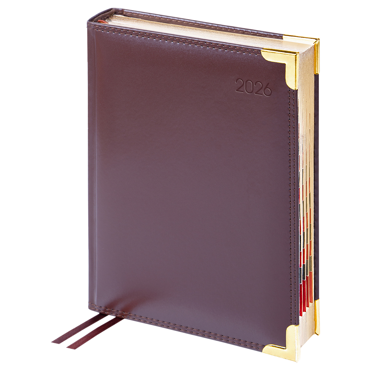 Ежедневник датированный 2026г., А6, 184л., Delucci, Гладкая кожа, зол. срез, коричневый